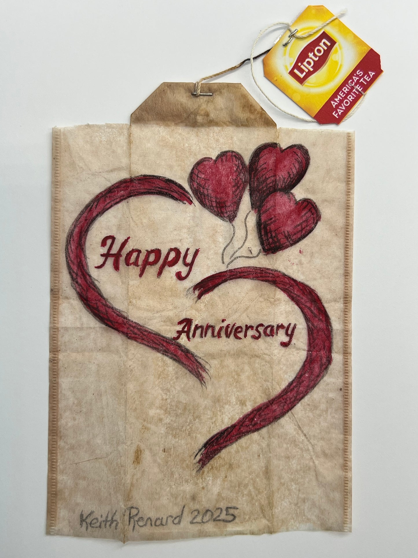 Teabag greeting card Happy Anniversary Heart with Heart Ballons