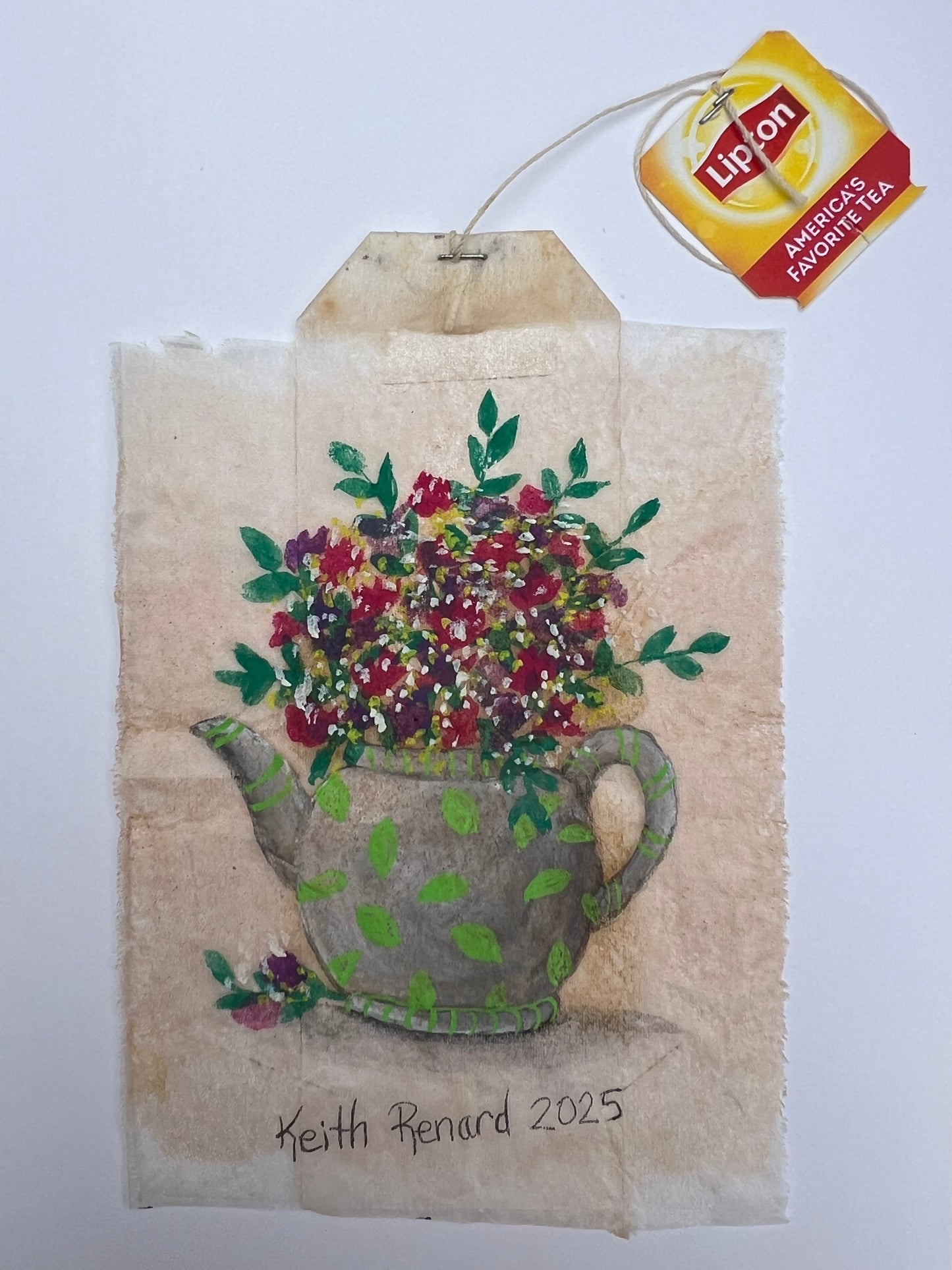 Teabag greeting card green teapot flowers