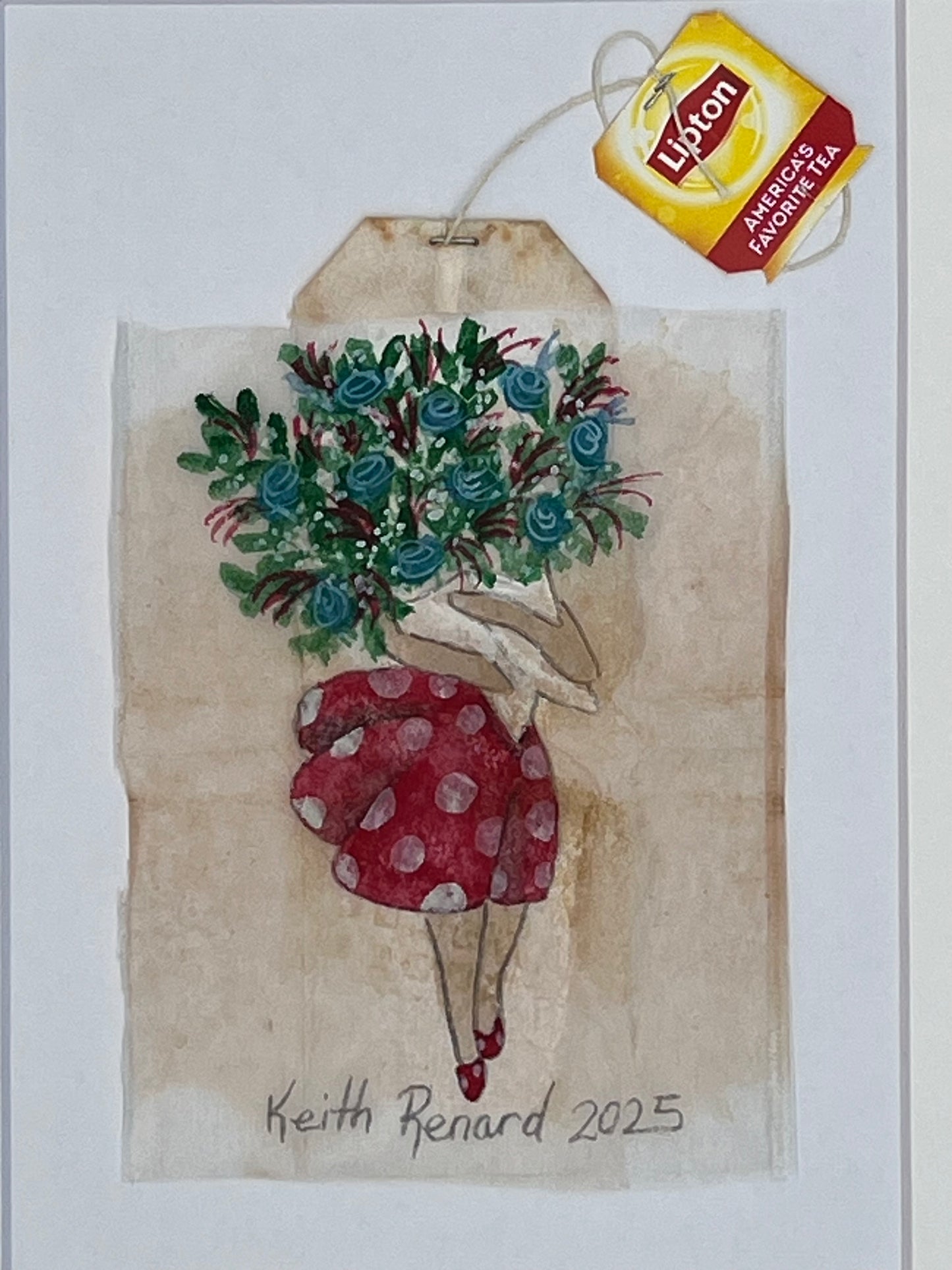 Girl in Red dress purple and blue flowers