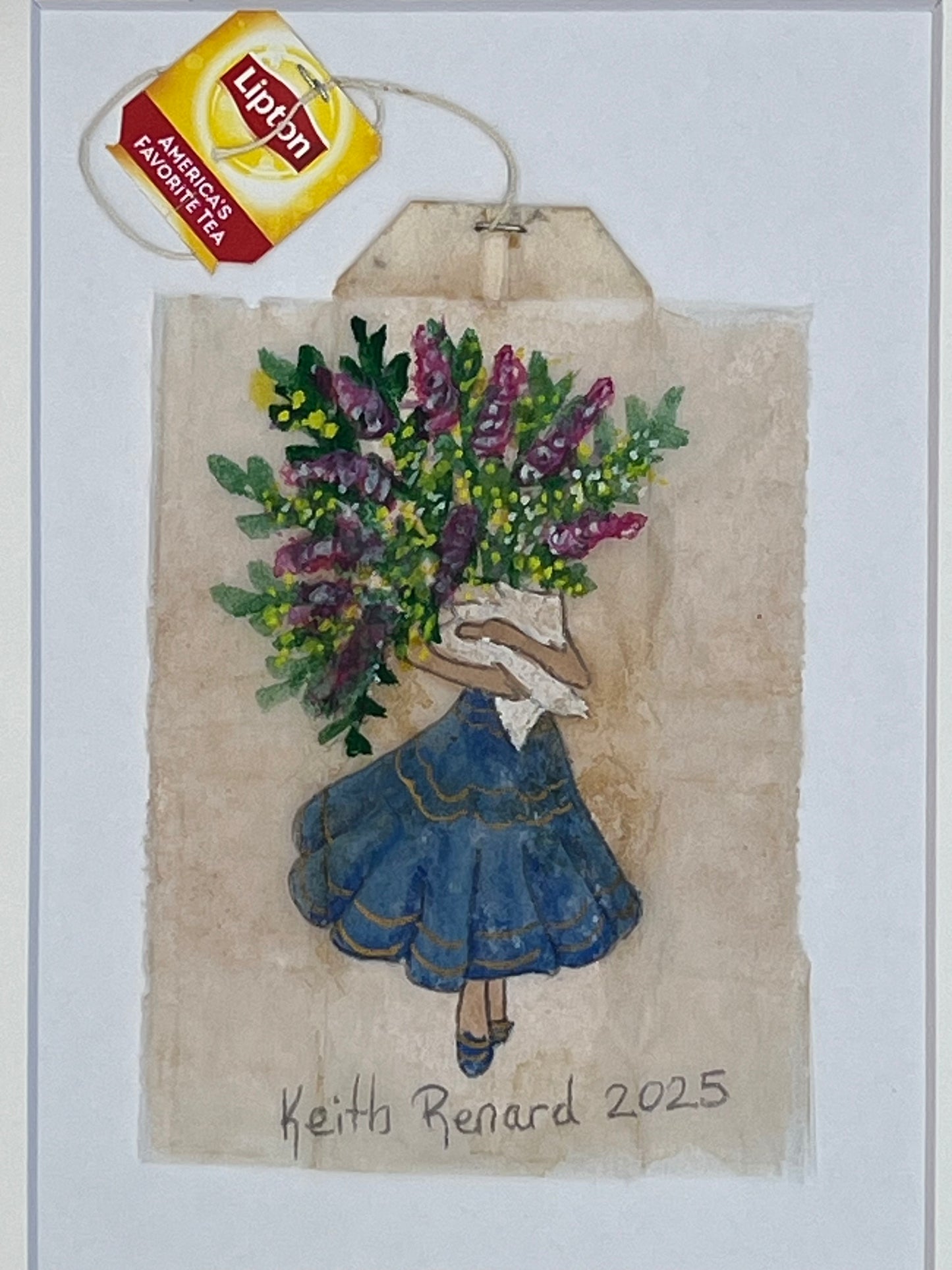 Girl in Blue Dress Purple flowers