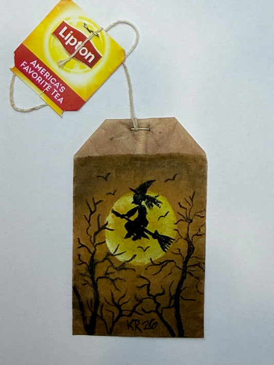 Mini Teabag Halloween Witch flying over moon