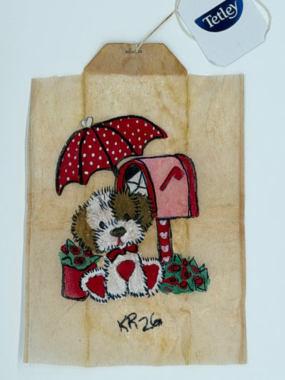 Teabag greeting card dog by mailbox